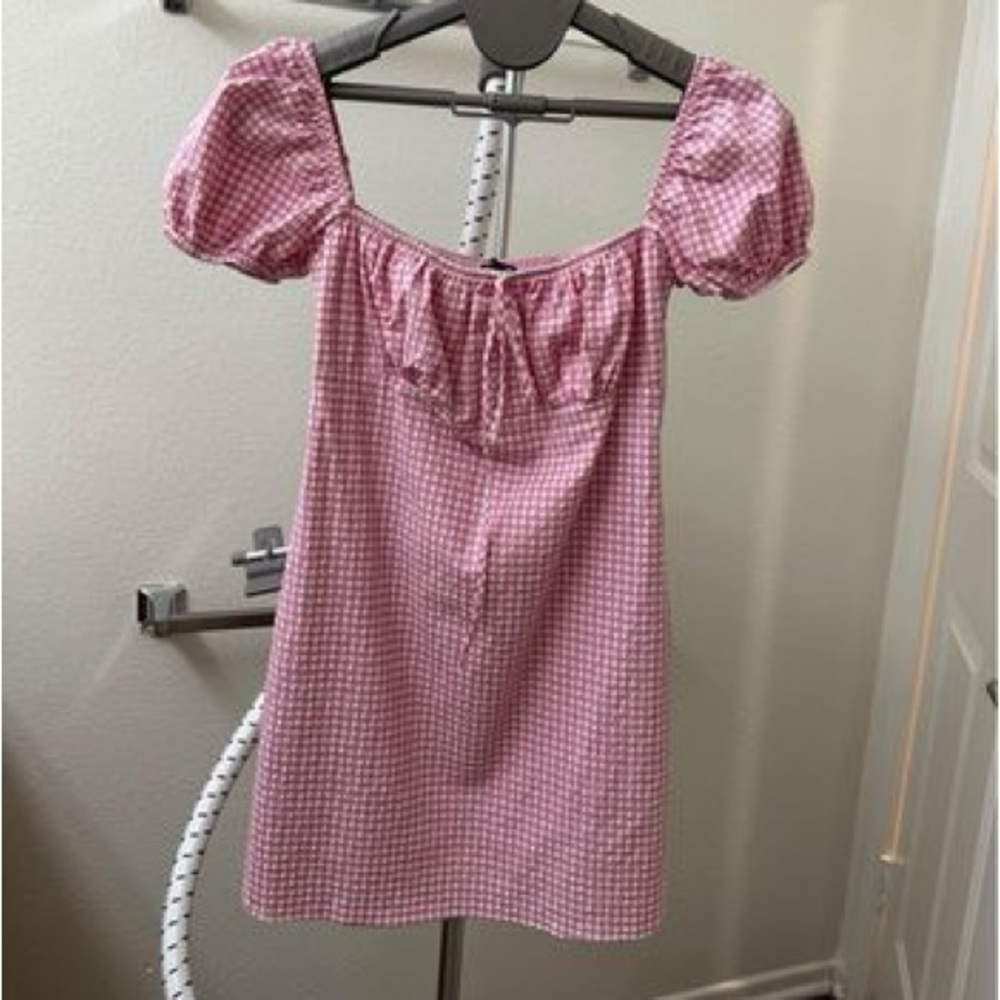 Zara Puffed Sleeve Square Neck Mini Plaid Dress